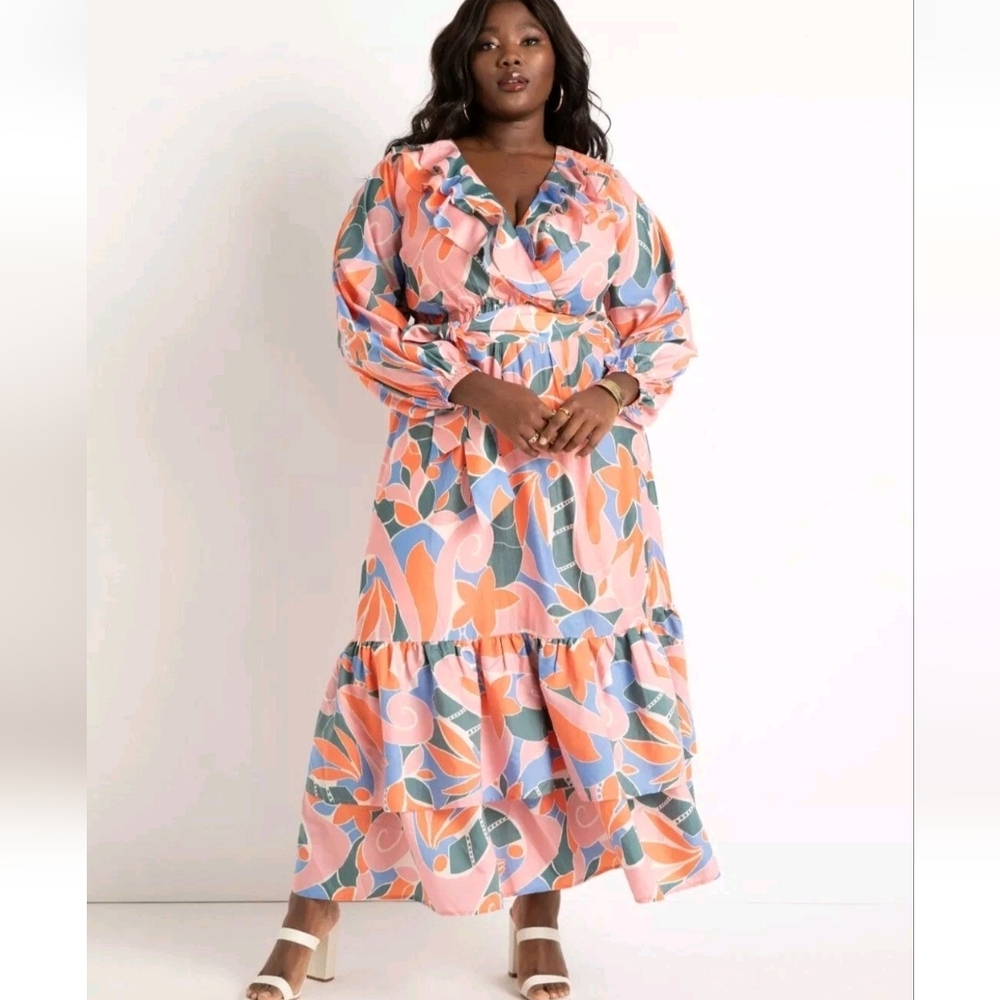 NEW Eloquii Ruffled Maxi Dress with Puff Sleeves Tropical 16